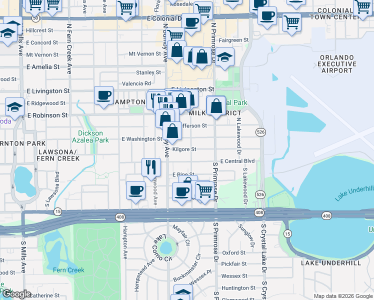 map of restaurants, bars, coffee shops, grocery stores, and more near 2605 Kilgore Street in Orlando