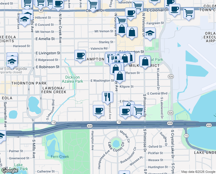 map of restaurants, bars, coffee shops, grocery stores, and more near in Orlando