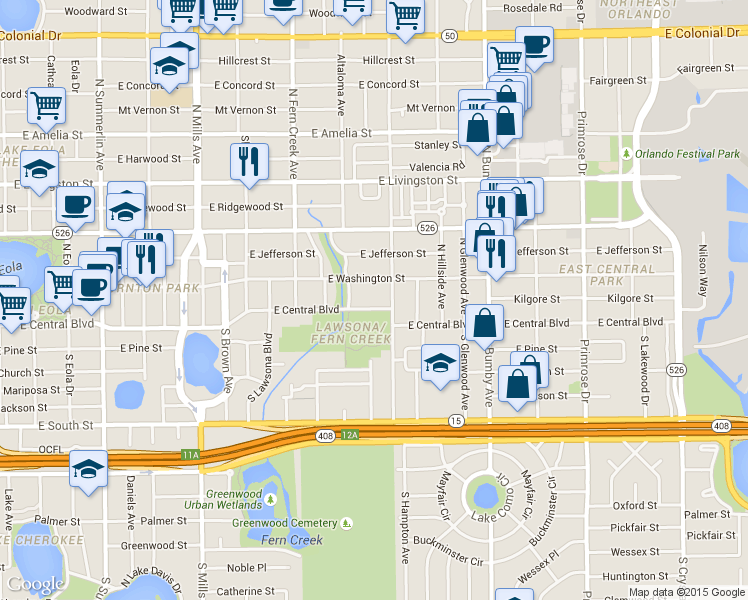 map of restaurants, bars, coffee shops, grocery stores, and more near 1907 East Central Boulevard in Orlando