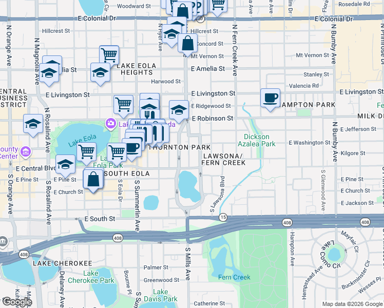 map of restaurants, bars, coffee shops, grocery stores, and more near in Orlando