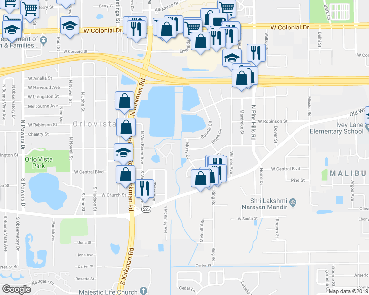 map of restaurants, bars, coffee shops, grocery stores, and more near 210 Ronnie Circle in Orlando