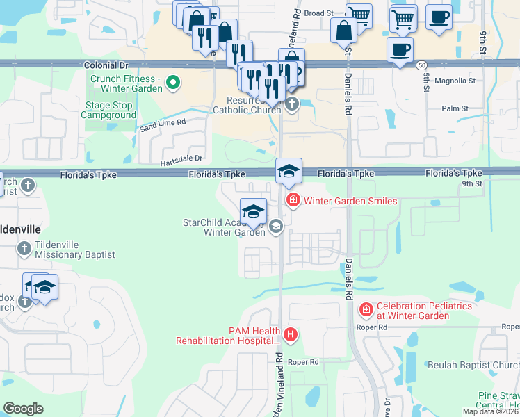 map of restaurants, bars, coffee shops, grocery stores, and more near 405 Southern Pecan Circle in Winter Garden