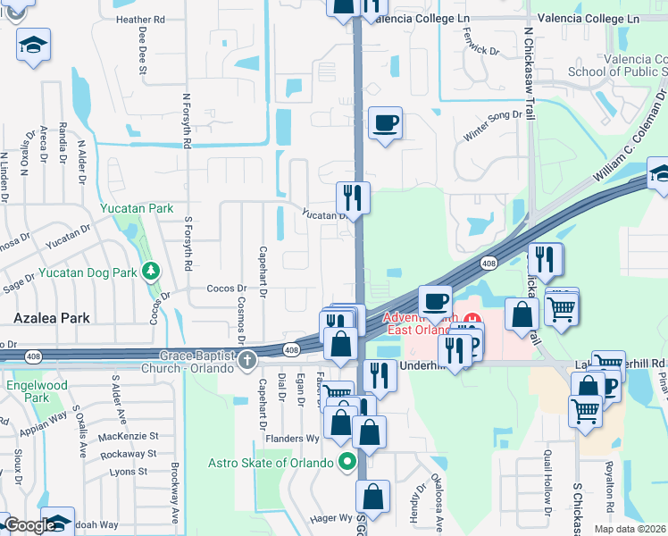 map of restaurants, bars, coffee shops, grocery stores, and more near 1124 Crosstown Way in Orlando