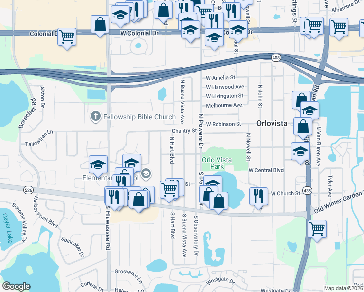 map of restaurants, bars, coffee shops, grocery stores, and more near 128 North Buena Vista Avenue in Orlando