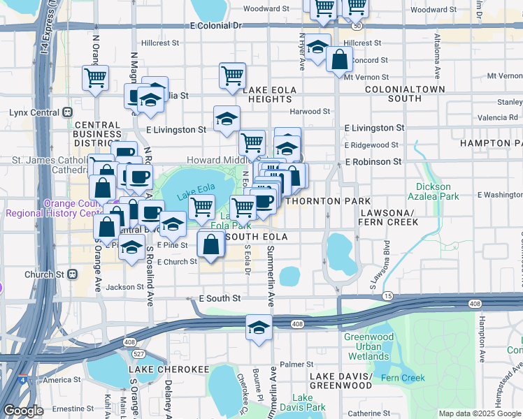 map of restaurants, bars, coffee shops, grocery stores, and more near 105 North Eola Drive in Orlando