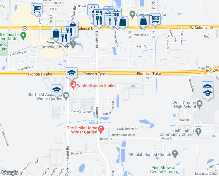 map of restaurants, bars, coffee shops, grocery stores, and more near 124 Donner Drive in Winter Garden