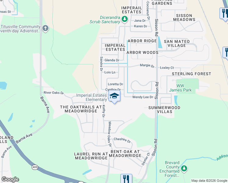 map of restaurants, bars, coffee shops, grocery stores, and more near 905 Cynthia Drive in Titusville