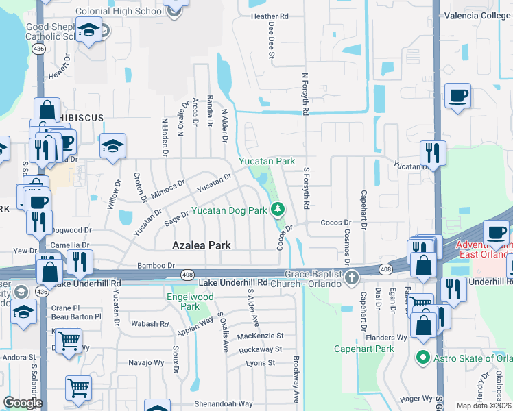 map of restaurants, bars, coffee shops, grocery stores, and more near 130 Lynbrook Drive in Orlando