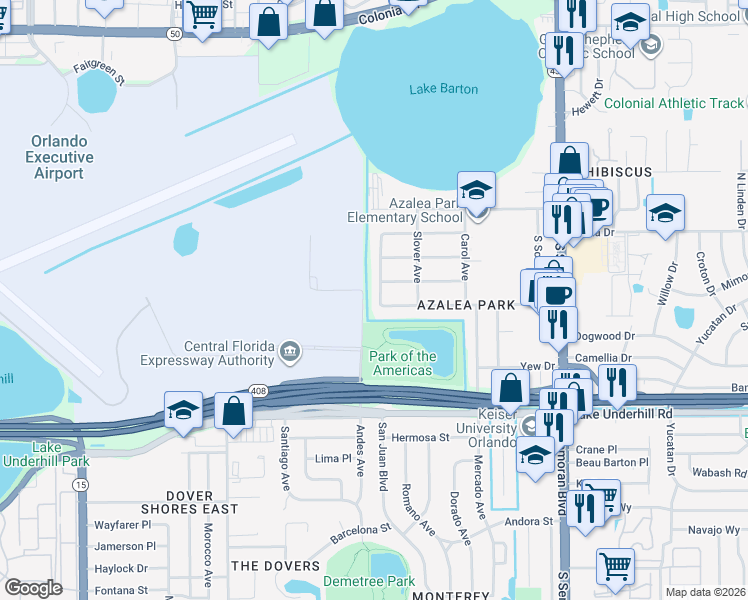 map of restaurants, bars, coffee shops, grocery stores, and more near 5311 Kalmia Drive in Orlando