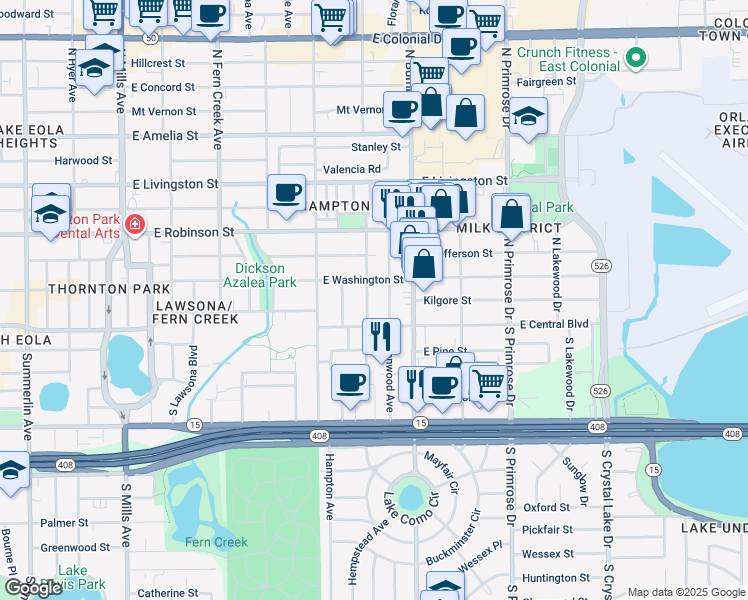 map of restaurants, bars, coffee shops, grocery stores, and more near 36 North Hillside Avenue in Orlando