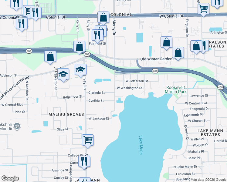 map of restaurants, bars, coffee shops, grocery stores, and more near 4203 Clarinda Street in Orlando