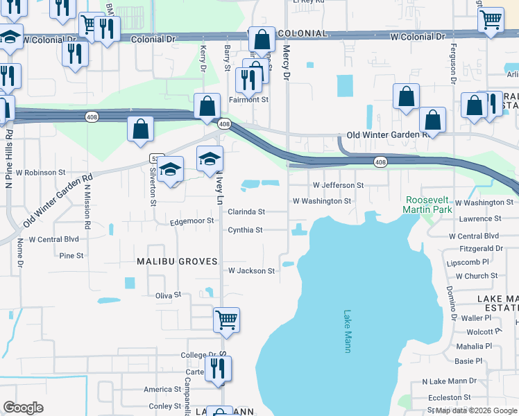 map of restaurants, bars, coffee shops, grocery stores, and more near 4277 Clarinda Street in Orlando