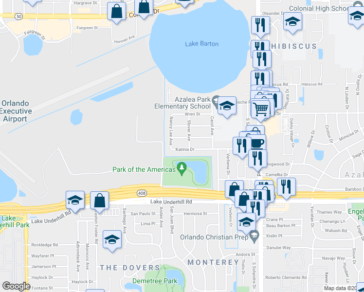 map of restaurants, bars, coffee shops, grocery stores, and more near 5323 Kalmia Drive in Orlando