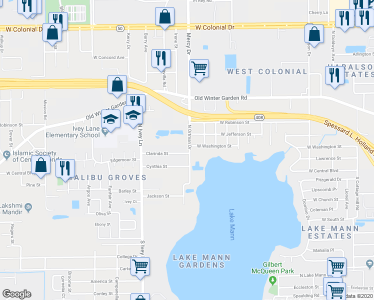 map of restaurants, bars, coffee shops, grocery stores, and more near 4203 Clarinda Street in Orlando