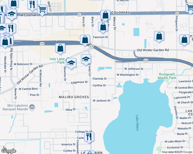 map of restaurants, bars, coffee shops, grocery stores, and more near 4345 Clarinda Street in Orlando