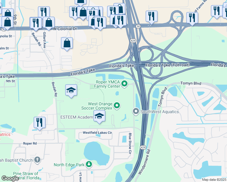 map of restaurants, bars, coffee shops, grocery stores, and more near 12100 Marshall Farms Road in Winter Garden