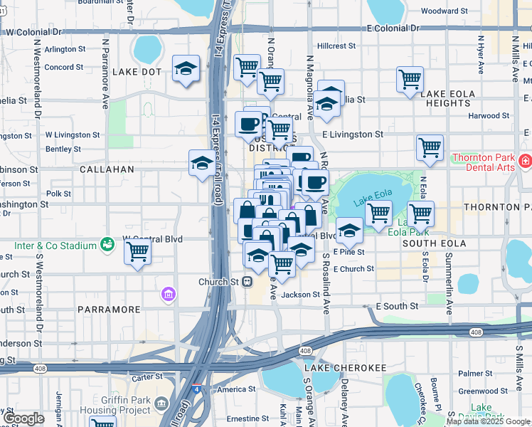 map of restaurants, bars, coffee shops, grocery stores, and more near 14 West Washington Street in Orlando