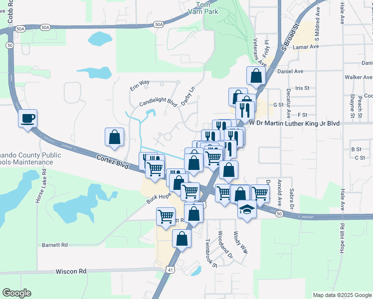 map of restaurants, bars, coffee shops, grocery stores, and more near 965 Candlelight Boulevard in Brooksville