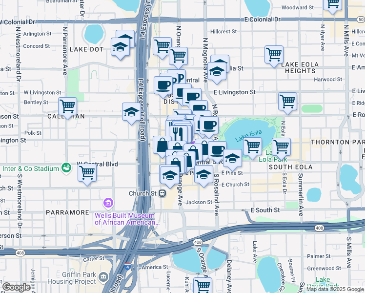 map of restaurants, bars, coffee shops, grocery stores, and more near 14 West Washington Street in Orlando
