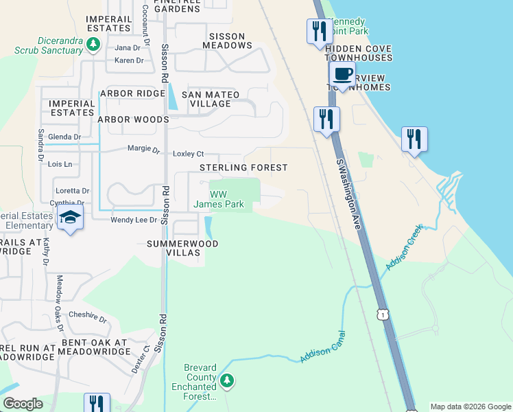 map of restaurants, bars, coffee shops, grocery stores, and more near 5626 Enchanted Avenue in Titusville