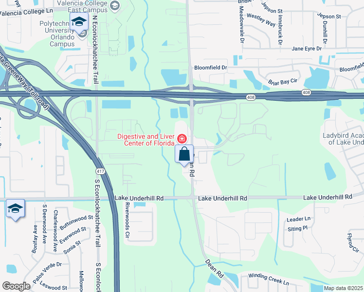 map of restaurants, bars, coffee shops, grocery stores, and more near 100 North Dean Road in Orlando