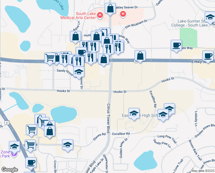 map of restaurants, bars, coffee shops, grocery stores, and more near 1700 Hooks Street in Clermont