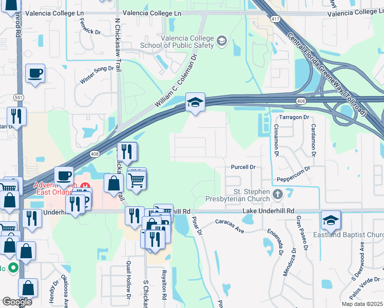 map of restaurants, bars, coffee shops, grocery stores, and more near 8163 Troxler Drive in Orlando