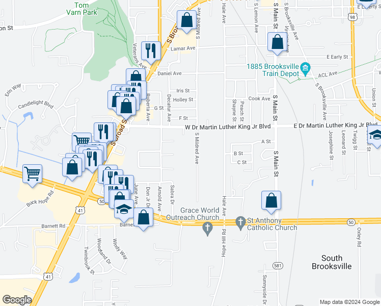 map of restaurants, bars, coffee shops, grocery stores, and more near 940 South Mildred Avenue in Brooksville
