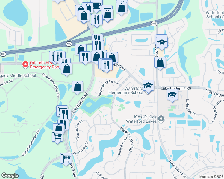map of restaurants, bars, coffee shops, grocery stores, and more near 256 Pap Finn Court in Orlando