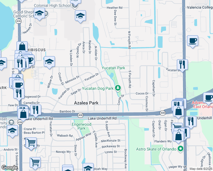 map of restaurants, bars, coffee shops, grocery stores, and more near 130 Lynbrook Drive in Orlando
