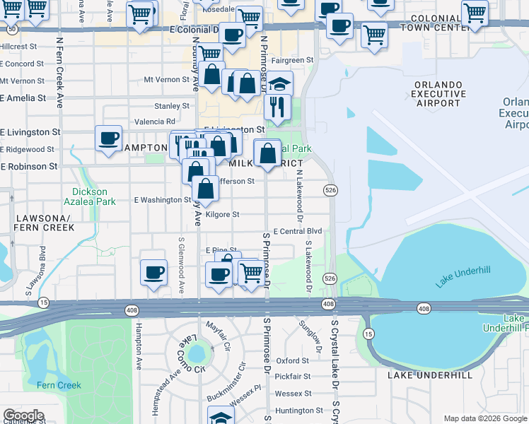 map of restaurants, bars, coffee shops, grocery stores, and more near in Orlando
