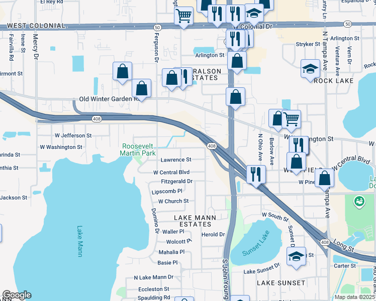 map of restaurants, bars, coffee shops, grocery stores, and more near 3144 West Washington Street in Orlando