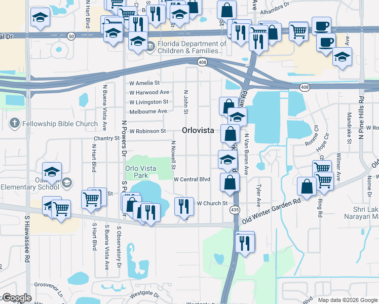map of restaurants, bars, coffee shops, grocery stores, and more near 119 North John Street in Orlando