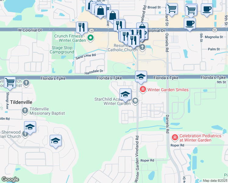 map of restaurants, bars, coffee shops, grocery stores, and more near 316 Southern Pecan Circle in Winter Garden