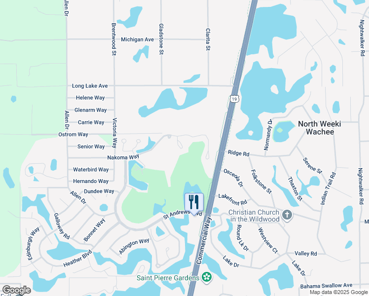 map of restaurants, bars, coffee shops, grocery stores, and more near 9344 Nakoma Way in Spring Hill