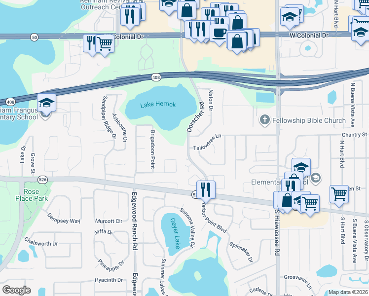 map of restaurants, bars, coffee shops, grocery stores, and more near 250 Dorscher Road in Orlando
