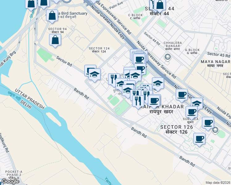 map of restaurants, bars, coffee shops, grocery stores, and more near in Noida