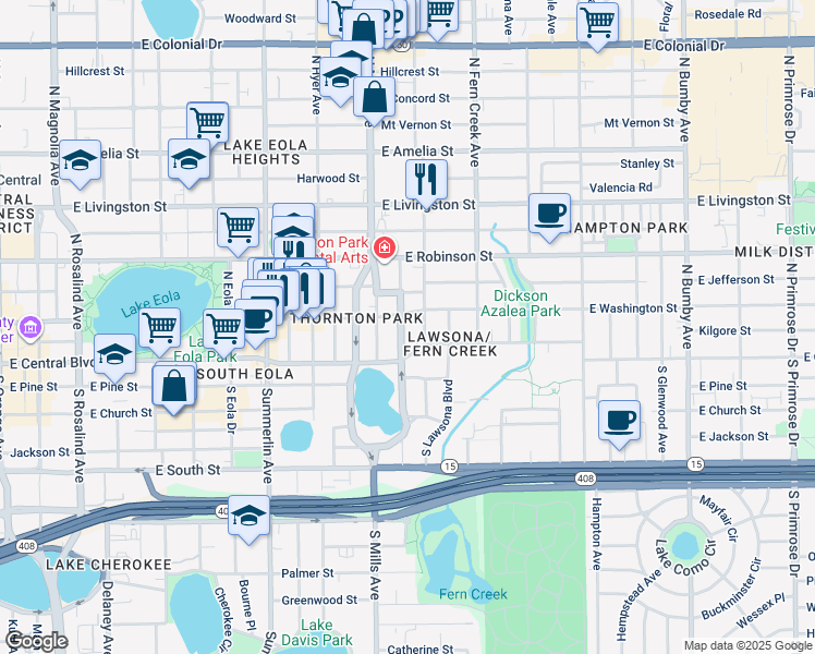 map of restaurants, bars, coffee shops, grocery stores, and more near 33 North Brown Avenue in Orlando