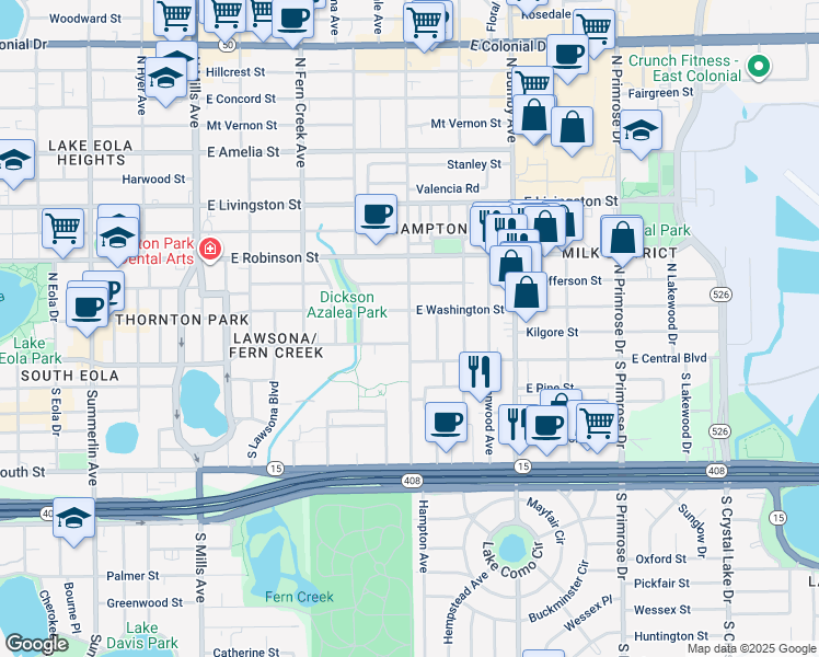 map of restaurants, bars, coffee shops, grocery stores, and more near 33 Hampton Avenue in Orlando