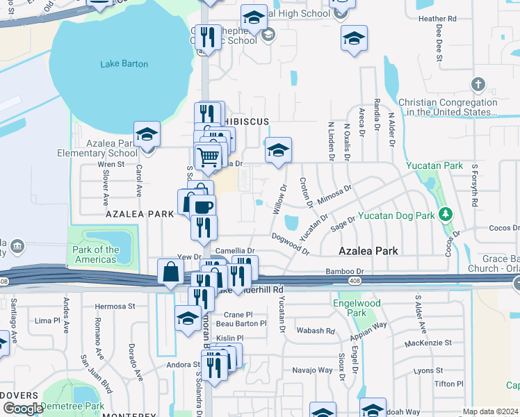 map of restaurants, bars, coffee shops, grocery stores, and more near 121 Dahlia Village Circle in Orlando