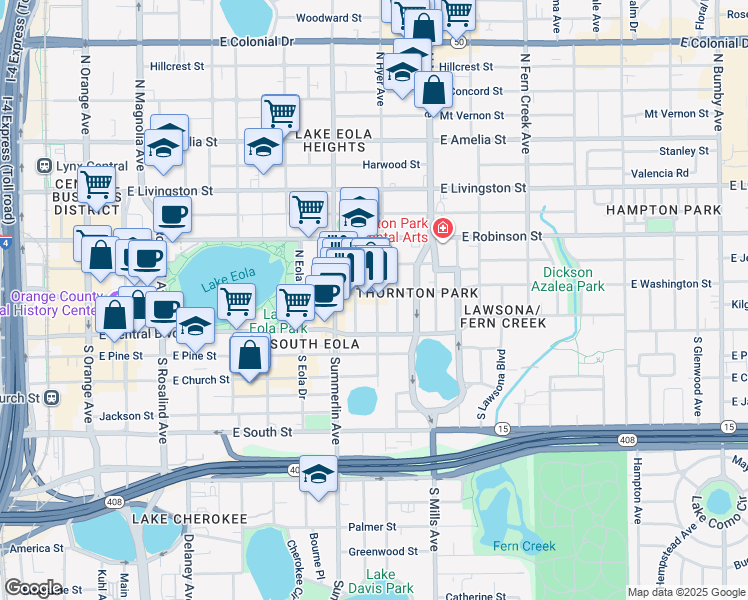 map of restaurants, bars, coffee shops, grocery stores, and more near 42 North Hyer Avenue in Orlando