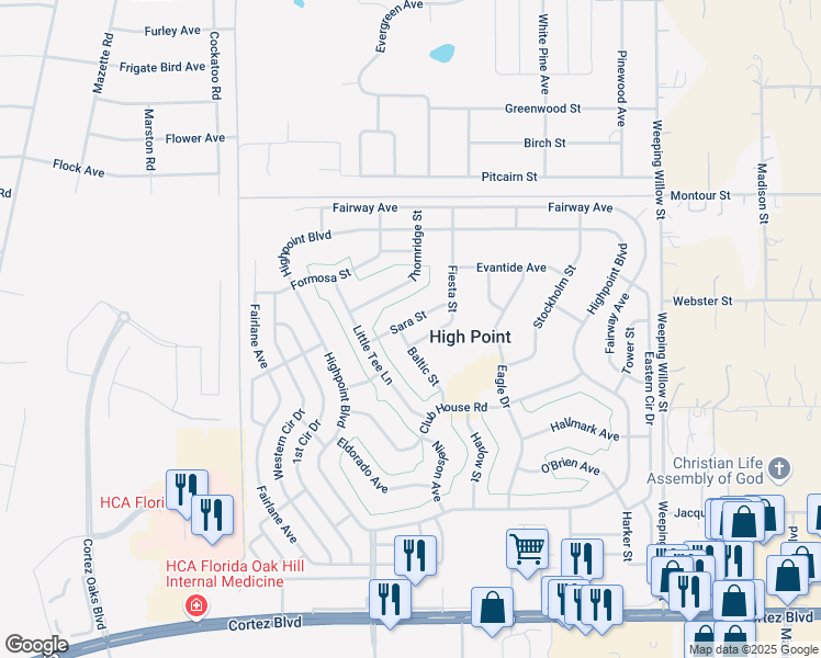 map of restaurants, bars, coffee shops, grocery stores, and more near 12106 Sara Street in Brooksville