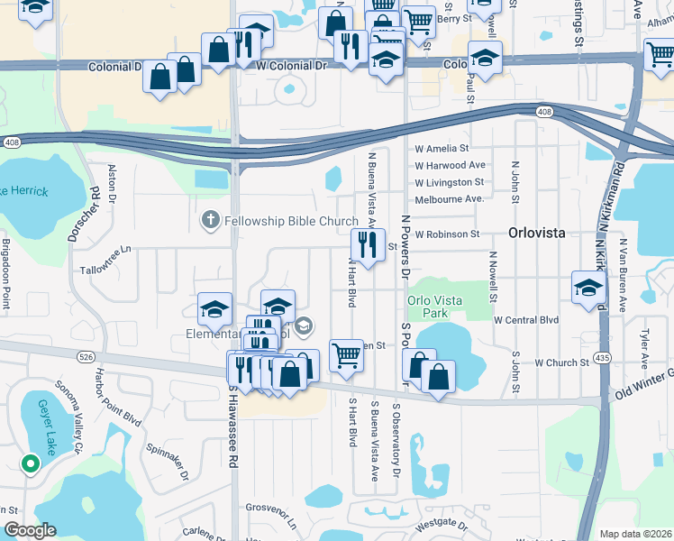 map of restaurants, bars, coffee shops, grocery stores, and more near 121 North Lancelot Avenue in Orlando