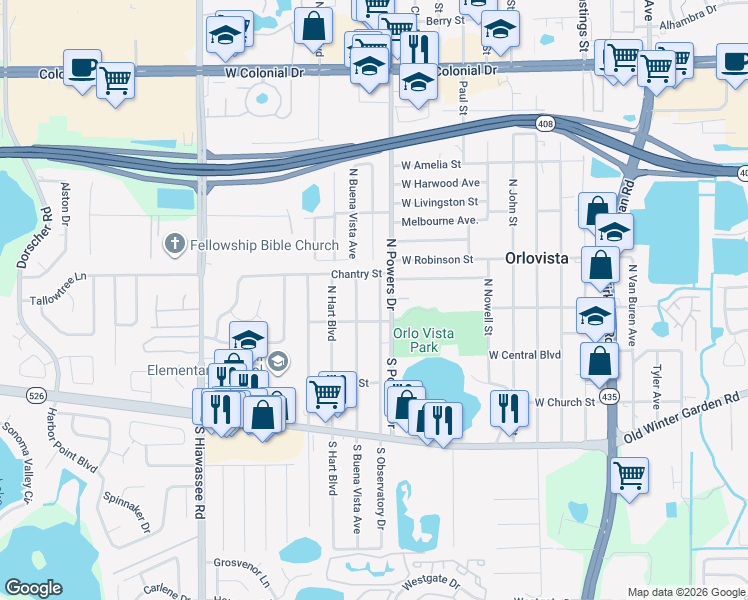 map of restaurants, bars, coffee shops, grocery stores, and more near 123 North Observatory Drive in Orlando