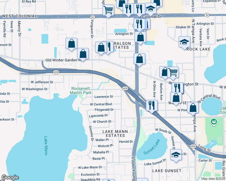 map of restaurants, bars, coffee shops, grocery stores, and more near 3144 West Washington Street in Orlando