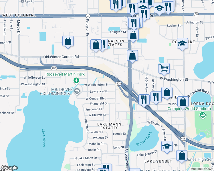 map of restaurants, bars, coffee shops, grocery stores, and more near 3144 West Washington Street in Orlando