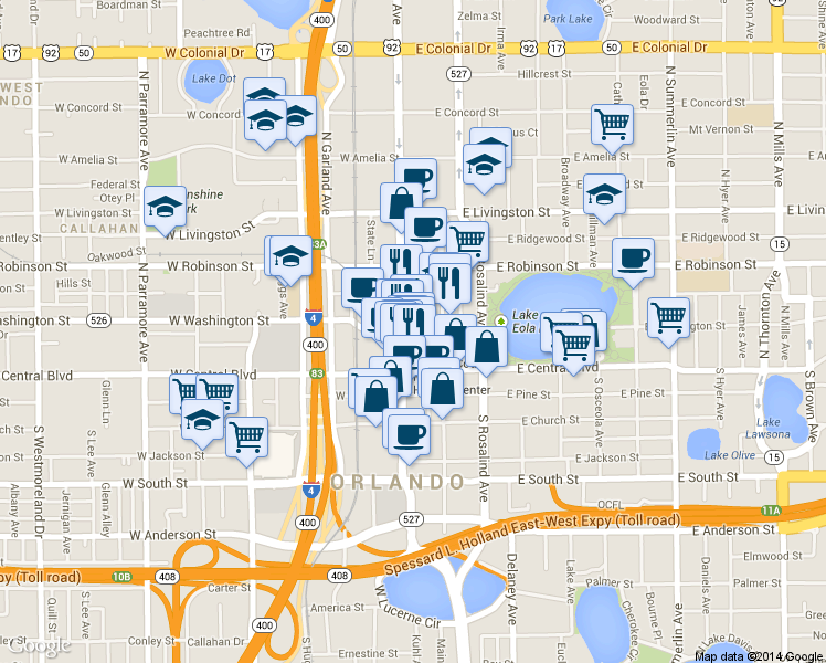 map of restaurants, bars, coffee shops, grocery stores, and more near 20 East Washington Street in Orlando