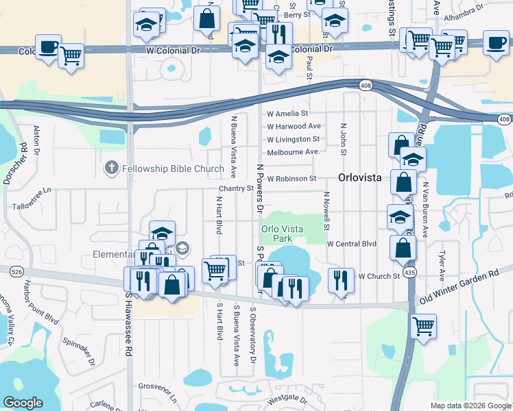 map of restaurants, bars, coffee shops, grocery stores, and more near 123 North Observatory Drive in Orlando