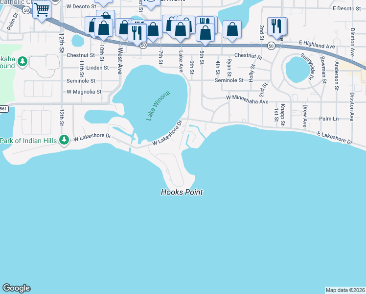map of restaurants, bars, coffee shops, grocery stores, and more near 1879 Settle Street in Clermont