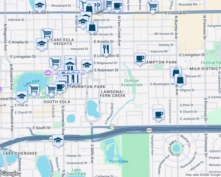 map of restaurants, bars, coffee shops, grocery stores, and more near in Orlando